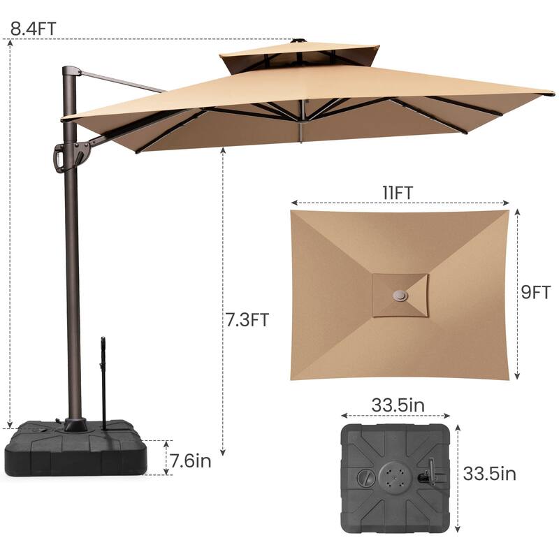 9 ft x 11 ft Outdoor Patio Dual Top Cantilever Offset Umbrella with Rod Base