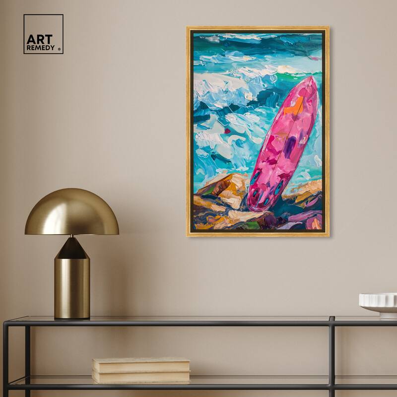 Art Remedy Just A Little Break Wave Framed Colorful Coastal 1 Piece Canvas Wall Art
