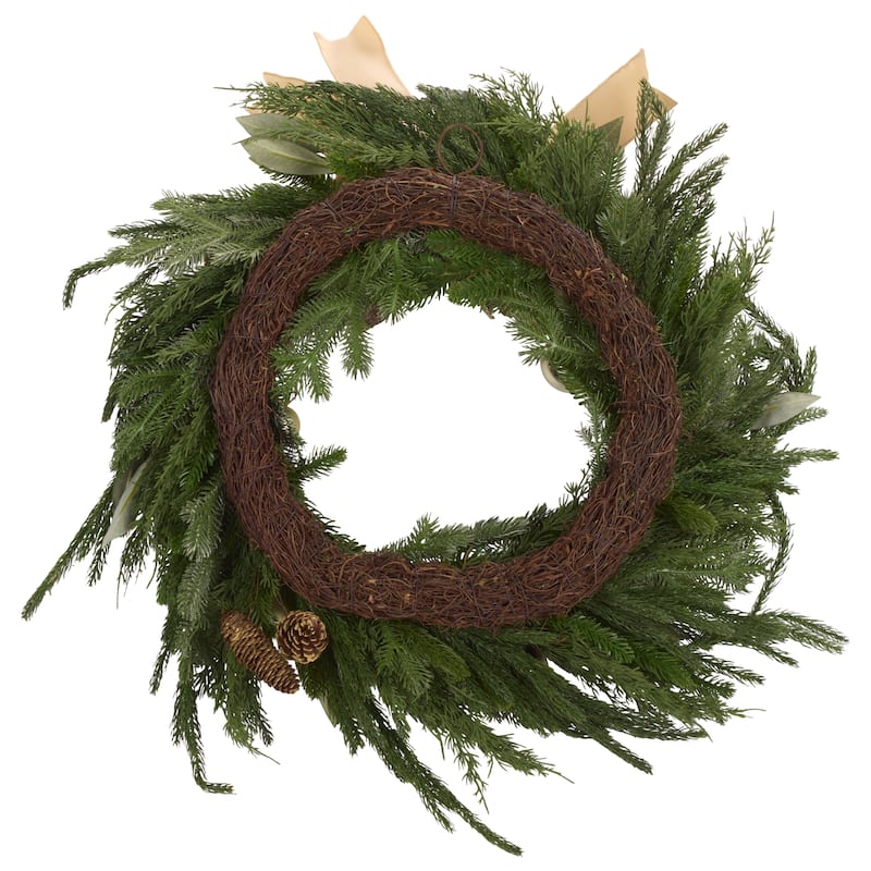 SAFAVIEH Home Faux 28-inch Pine Needle Wreath With Ornaments And Ribbon & Pine Cone