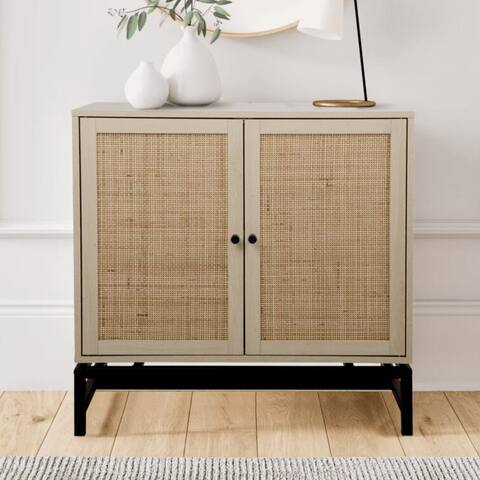 Bohemian Storage Cabinet, Accent Entryway Floor Cabinet with Adjustable Shelf and 2 Rattan Doors, Bookmatch, Buffet Sideboard