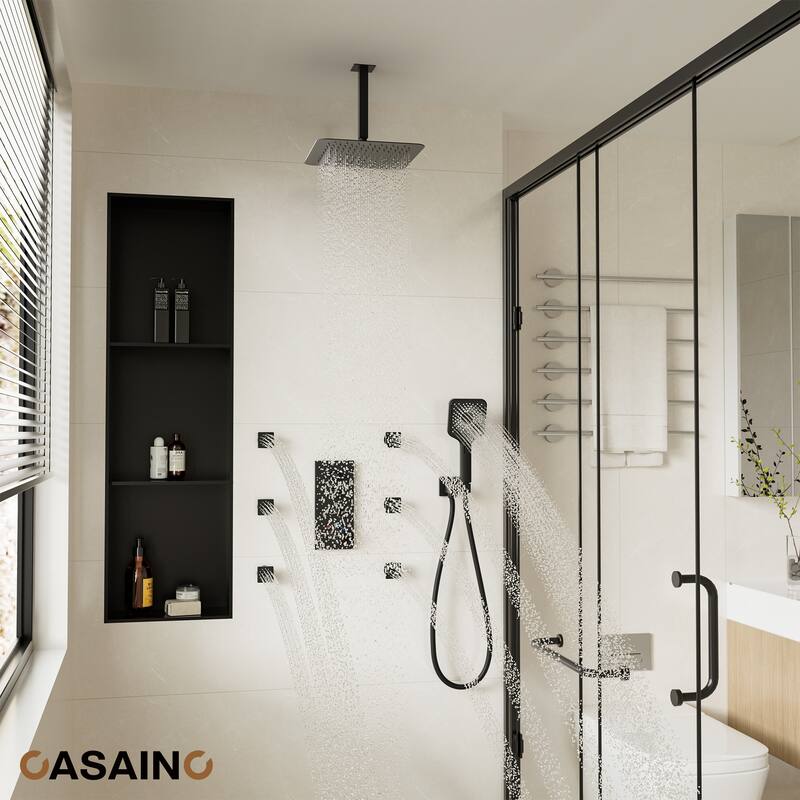 Luxury Thermostatic Shower System 3-Spray Patterns Ceiling Mount Fixed Shower Head and Handheld Spray with 6 Body Jets - Matte Black