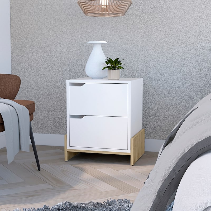 Nightstand Brookland,Bedside Table with Double Drawers and Sturdy Base,White / Macadamia Finish