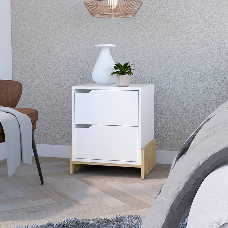 White & Macadamia Nightstand with 2 Drawers, Sturdy Base and Spacious Top