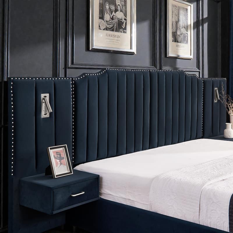 Modern Upholstered Bed Frame with Velvet Headboard, Vertical Channel Button Design, Integrated Nightstand, Platform Support