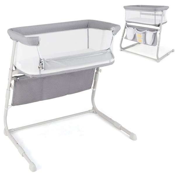 slide 2 of 9, Gray Metal Fabric Mesh Baby Bassinet Bedside Sleeper with Adjustable Height and Storage Pockets - 37" x 27.5"