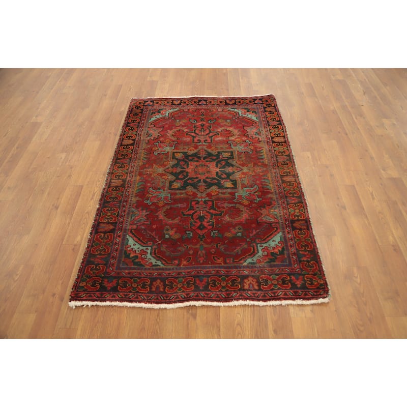 Hand Knotted Oriental 100% Wool Carpet Traditional Floral Red Heriz Area Rug - 4' 7'' X 3' 2''