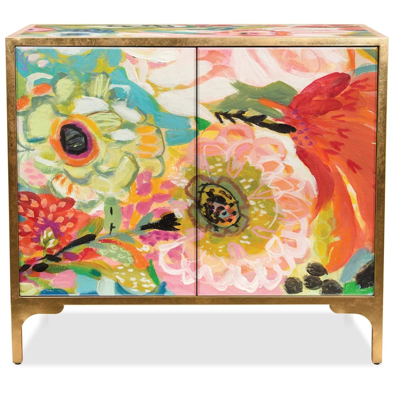 "Secret Garden Floral" Cabinet Console Table on Beveled Reverse Printed Art Glass with Iron Gold Leafed Frame