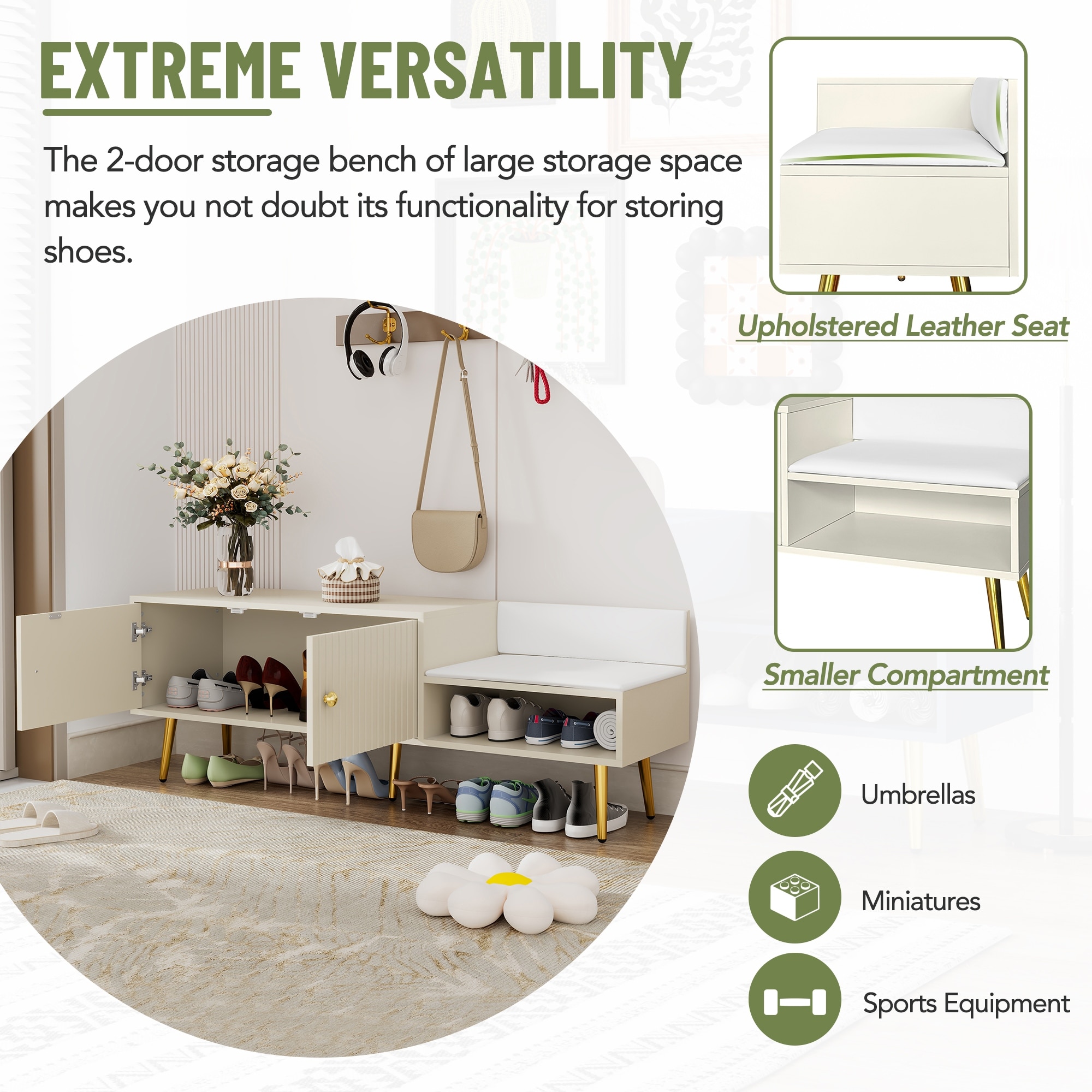 Modern Shoe Storage Bench with Hidden Storage and Upholstered