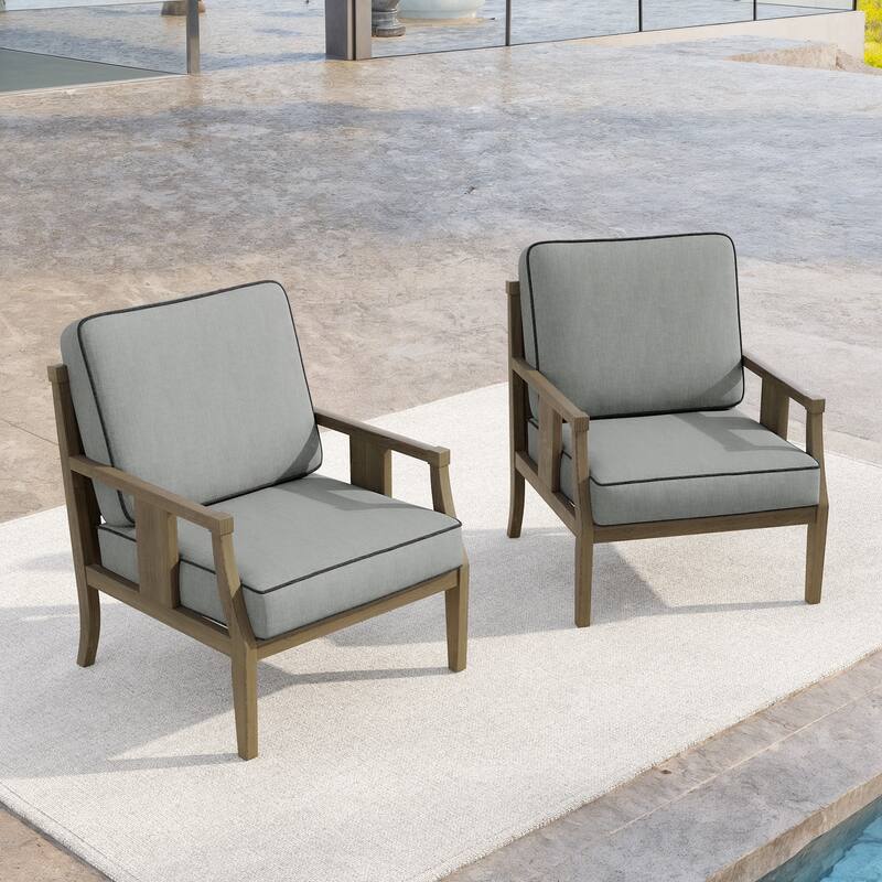 Set of 2 Outdoor Teak Wood Armchairs with Cushions, Patio Club Chairs