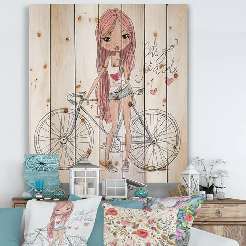 Designart 'Young Girl With Bicycle' Children's Art Print on Natural Pine Wood