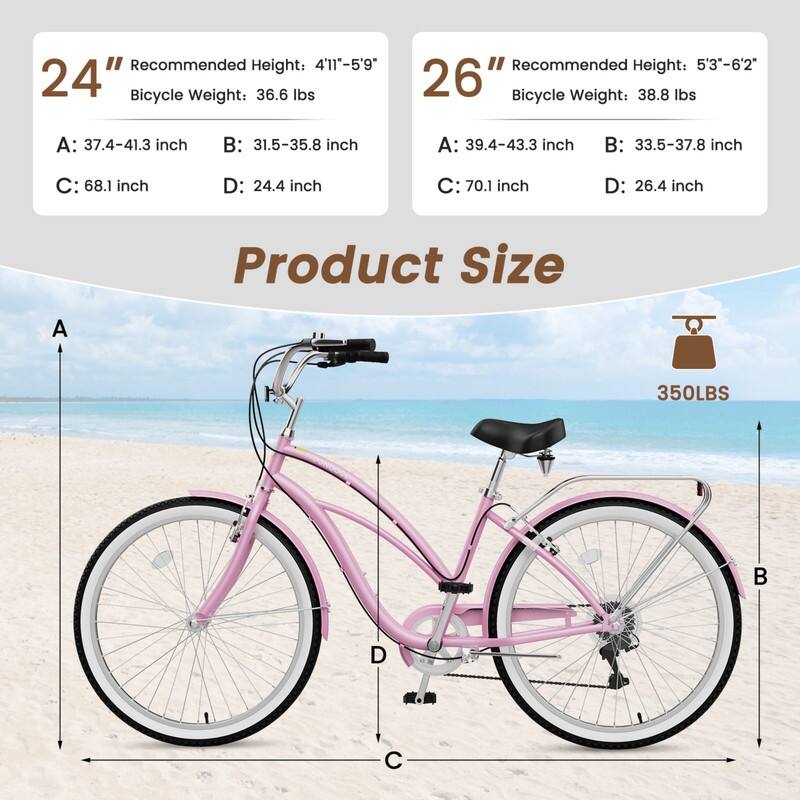 Beach Cruiser Bike for Women and Men, 24/26 Inch 7-Speed Adult Bicycle