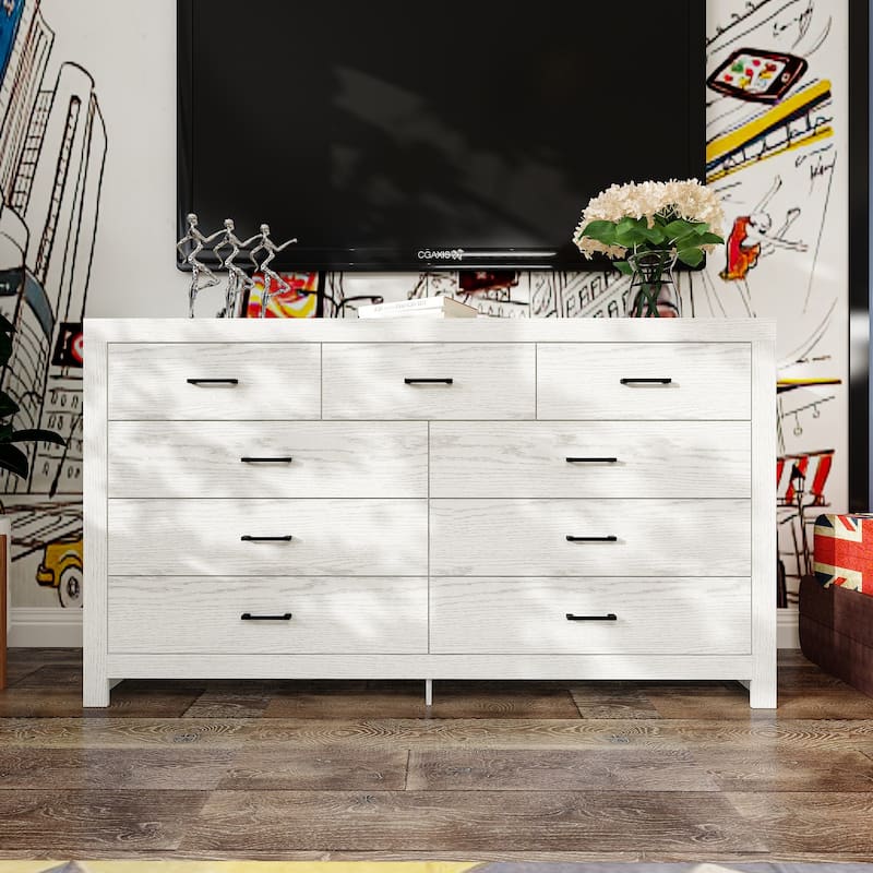 63" White 9 Drawer Dresser for Bedroom, Modern Wide Wood Storage Dresser with Metal Handles