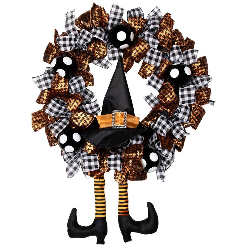 Witch with Bows and Ornaments Halloween Wreath - 24" - Orange and Black - Unlit