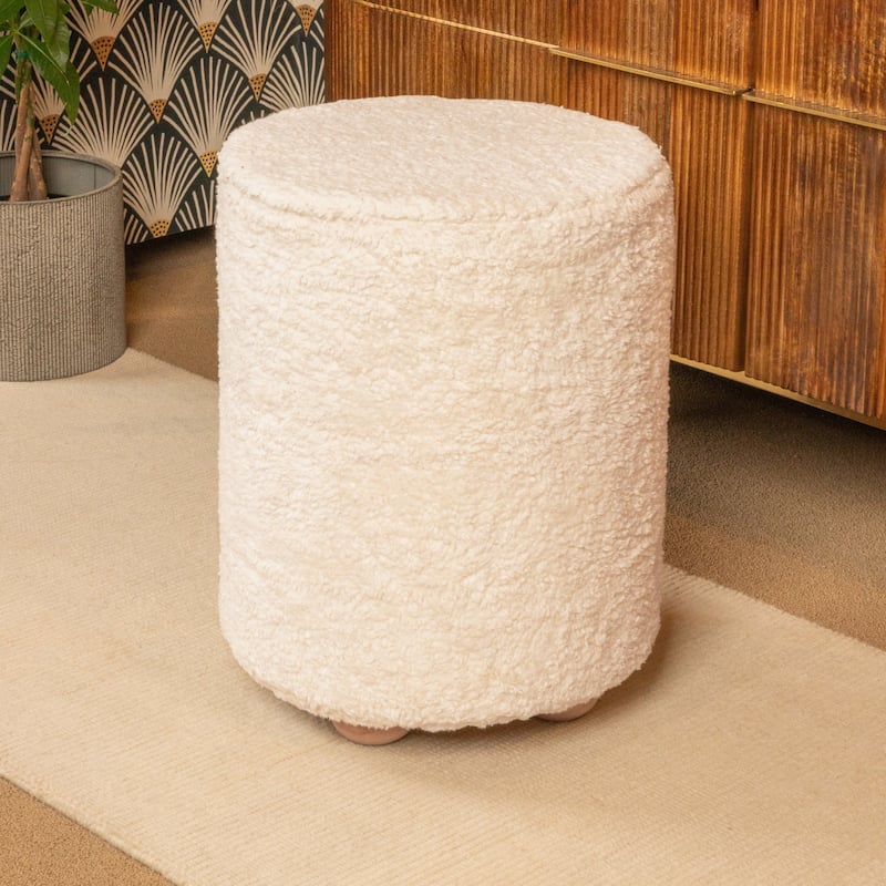 Round Cotton Sherpa Pouf with Pine Wood Feet