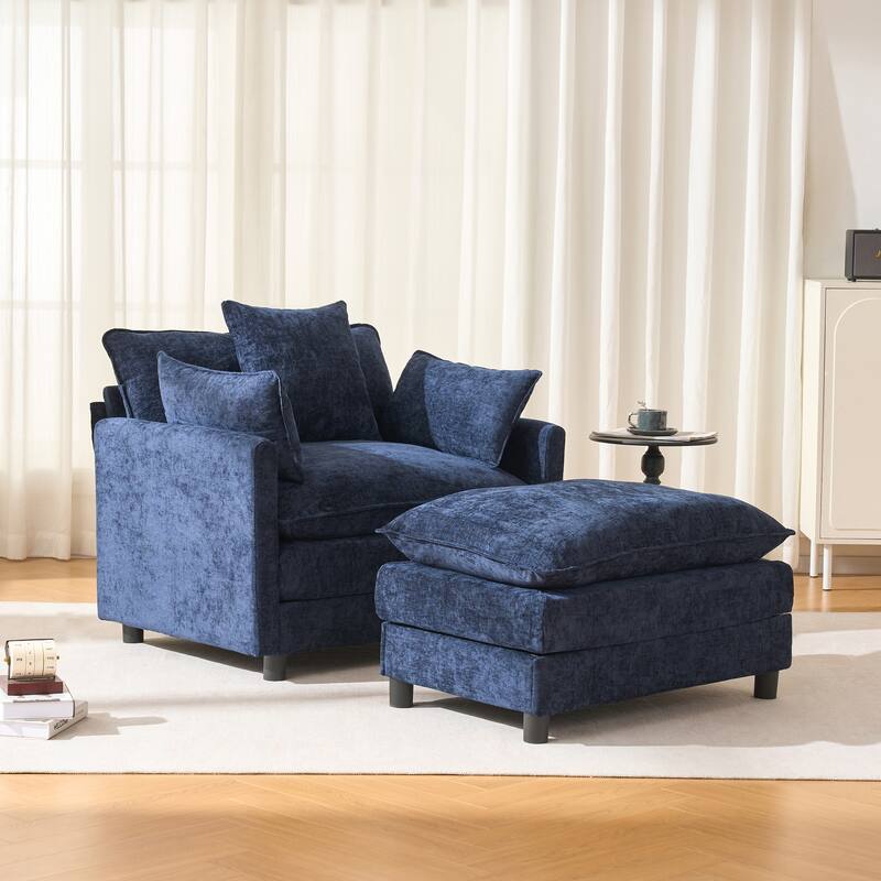 39.4" Modern Accent Chair with Ottoman, Living Room Club Chair Chenille Upholstered Armchair, Reading Chair for Bedroom