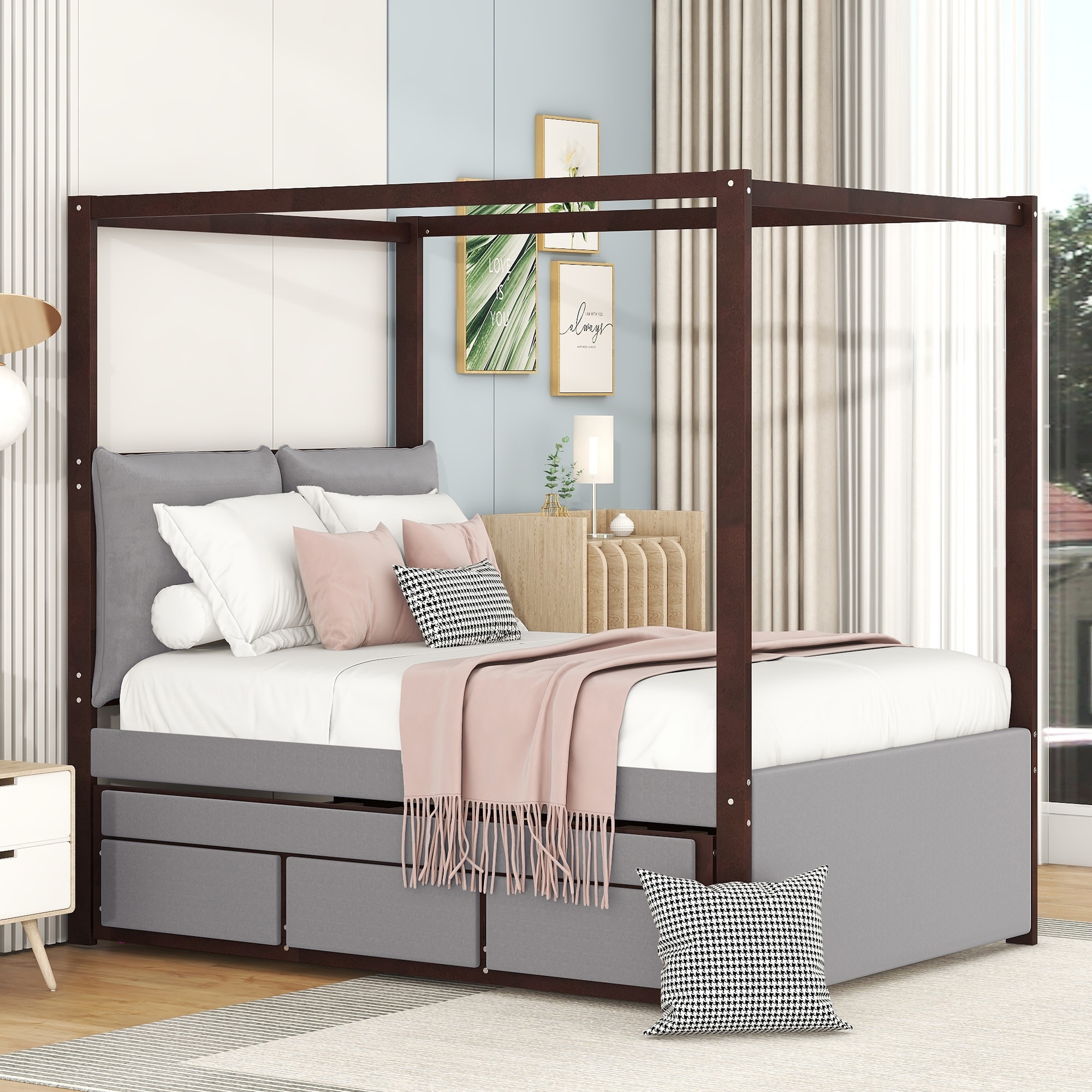 Upholstered canopy bed cheap