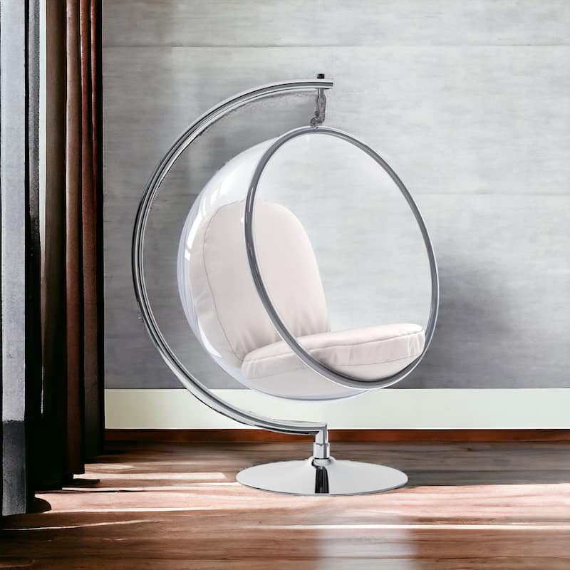 HomeRoots 42" White and Silver Faux Leather Balloon Chair - 42 in. x 42 in. x 25 in. - 42 in. x 42 in.  x 25 in.