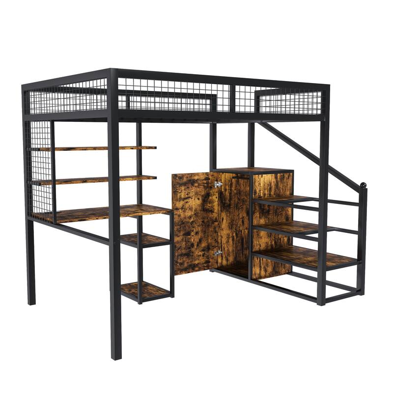 Full-Size Metal Loft Bed with Desk & Wardrobe, Built-In Staircase, Storage Shelves, Gaming/Study Bed with USB & Power Outlet