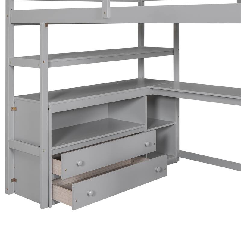 Full Size Loft Bed with Desk 2 Built-in Drawers and Storage Staircase