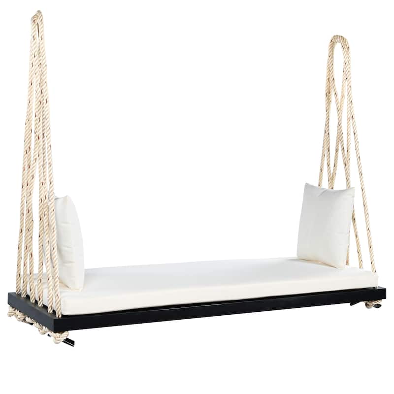 Patio Wooden Swing Chair, Hanging Porch Swing Bench with Cushion&Pillows, 10.8Ft Hemp Ropes for Garden,Backyard, Lawn