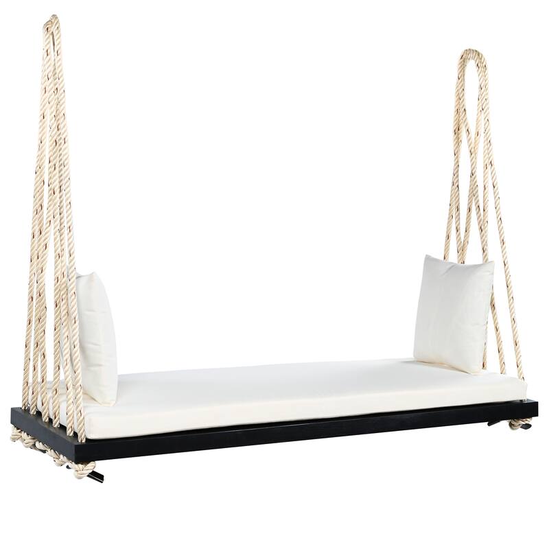 Premium Wooden Porch Swing Chair with Cushion Set - 10.8FT Weather-Resistant Hemp Rope Hanging Bench for Outdoor, Lawn, Deck