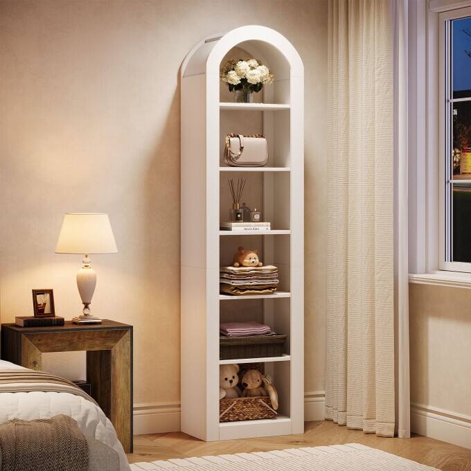 74.8-Inch Arched Tall Bookshelf, 6-Tier Rustic Wooden Bookcase