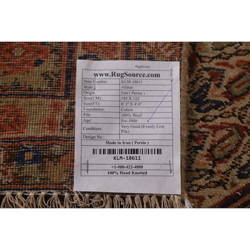 Pre-1900 Antique Afshar Persian Area Rug Vegetable Dye Wool Carpet - 4'0"x 6'1"