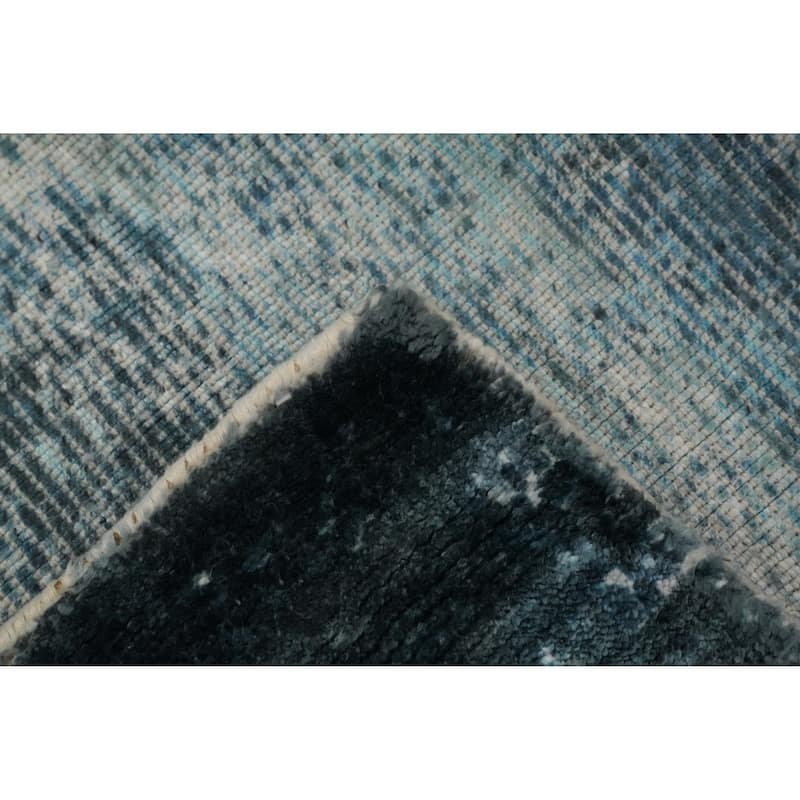 Hand Knotted Oriental Viscose Silk Carpet Modern Pictorial Navy Blue & Blues Abstract Area Rug - 7' 10'' X 5' 8''