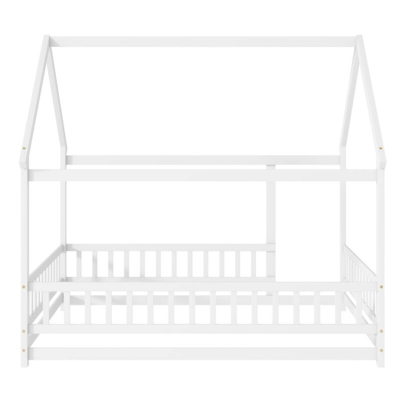 Full Size House Floor Wooden Bed with Roof Frame, Safety Guardrails, Whtie