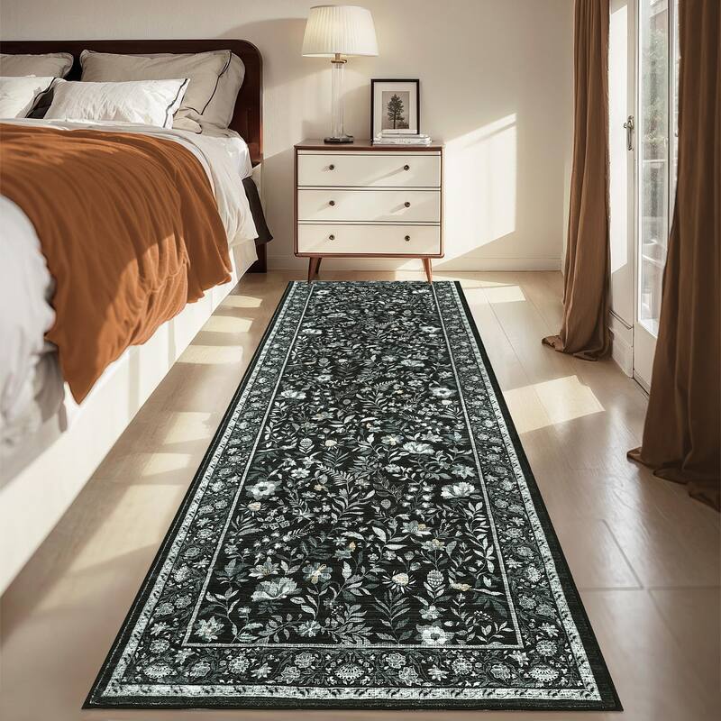 Botanical Area Rugs for Living Room Floral Leaves Pattern Rug Washable Farmhouse Soft Non-Slip Accent Carpet