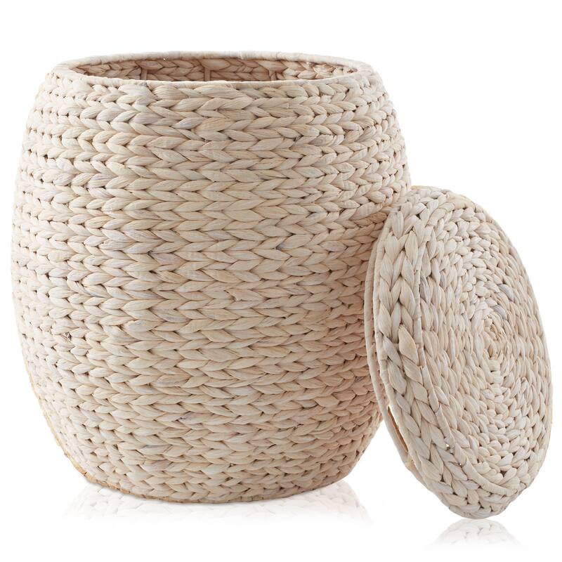 Round Water Hyacinth Storage BasketHamper with Lid - Whitewash