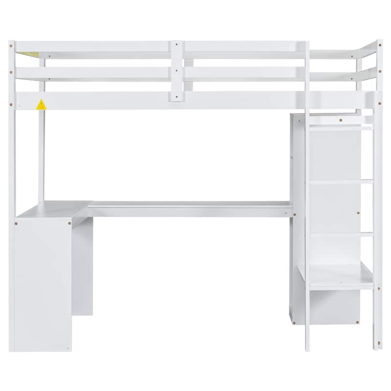 Solid Wood Loft Bed with L-shaped Desk & Storage