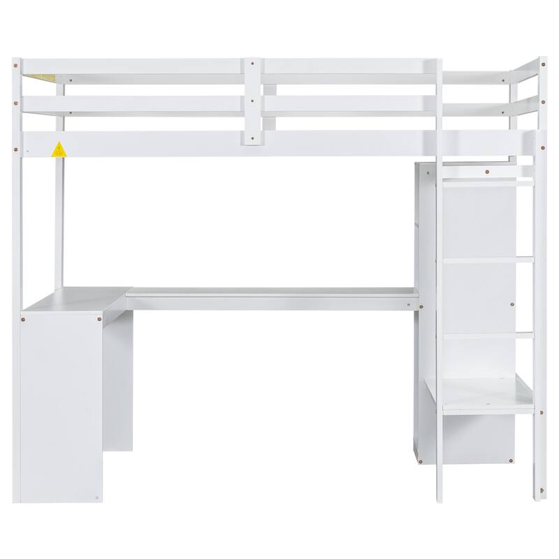 Twin Size Loft Bed with L-Shaped Desk, Wardrobe, Storage Shelves & Full-Length Guardrails, No Box Spring Needed