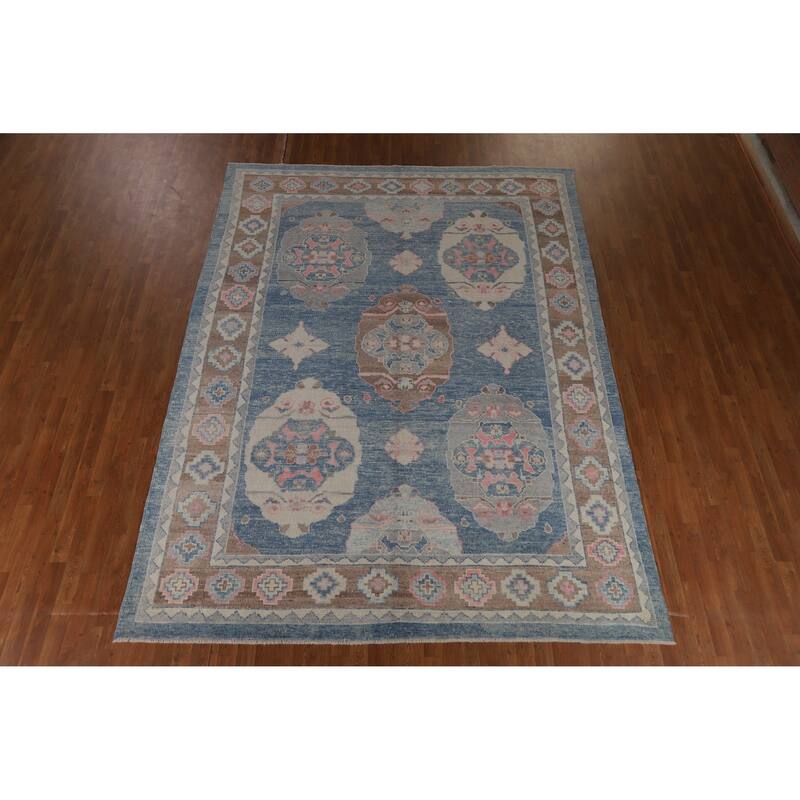 Hand Knotted Oriental 100% Wool Carpet Transitional Geometric Navy Blue & Blues Oushak Area Rug - 11' 0'' X 8' 4''