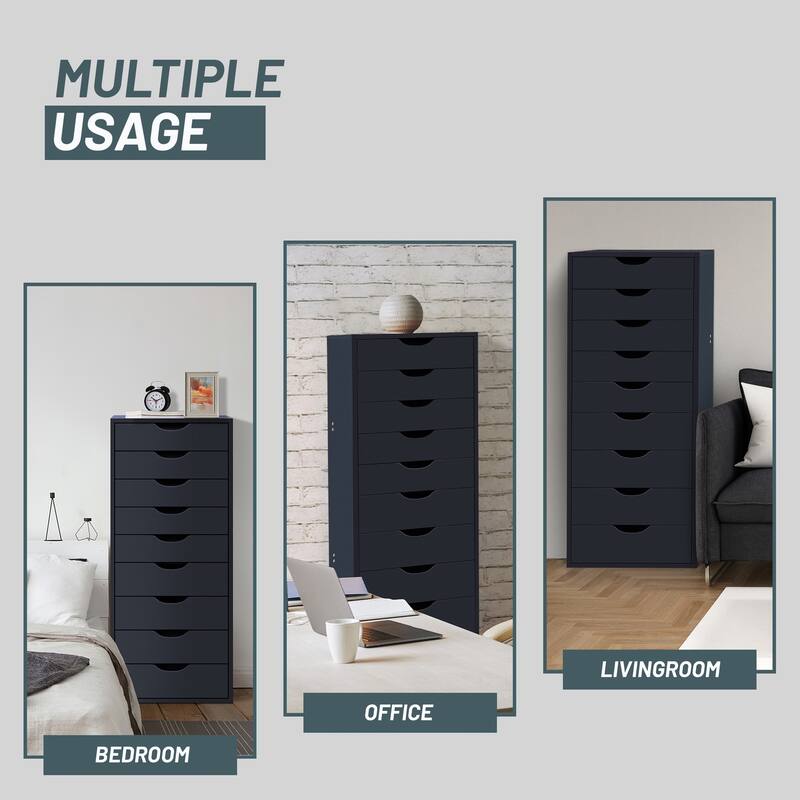 Narrow Wooden 9-Drawer Cabinet with Smooth-Glide Drawers and Top Storage Shelf