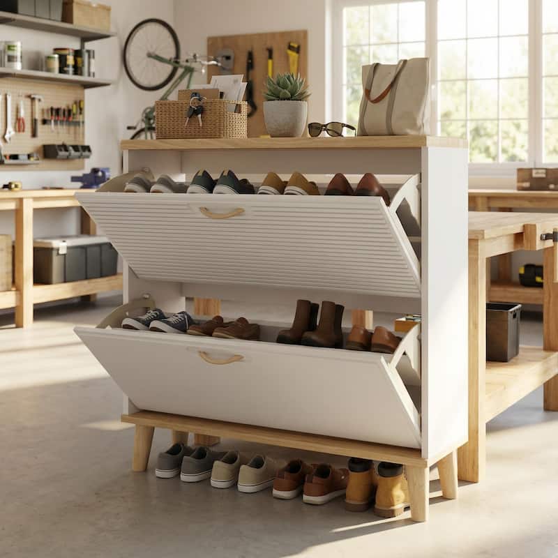 Homy Casa Compact Shoe Storage Bench 2 Flip Doors 2 Drawers, White