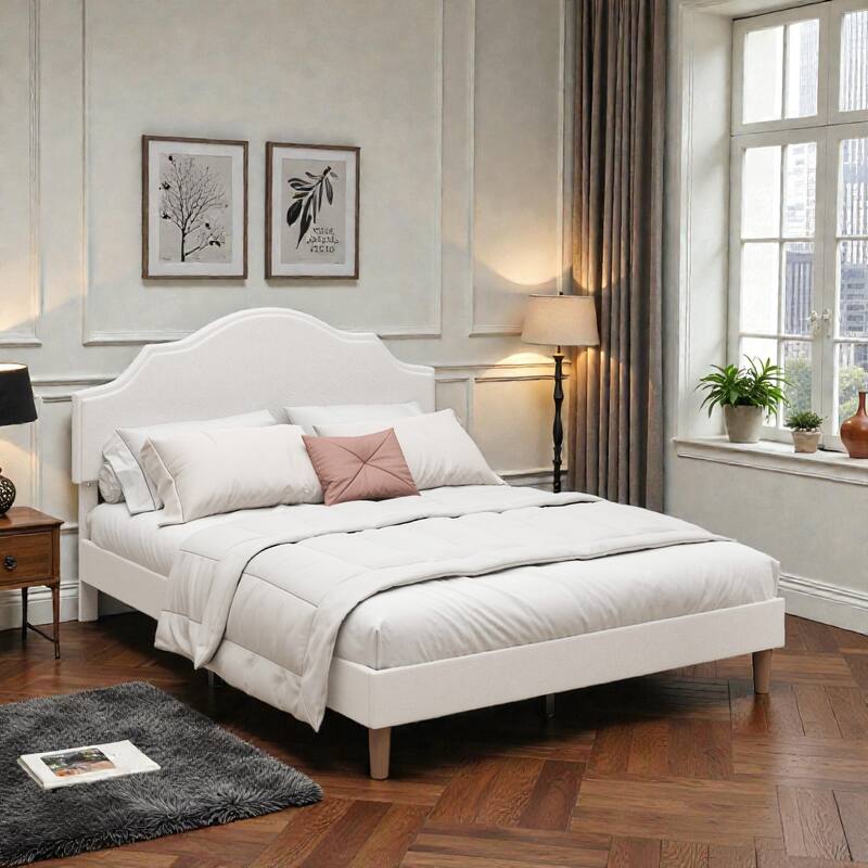 Upholstered Platform Bed Frame with Adjustable Headboard, Linen Fabric Padded, No Box Spring Needed