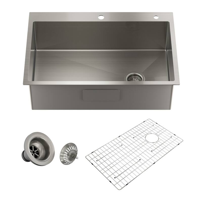 Stainless Steel Sink 33 in. 16-Gauge Single Bowl Drop-In Kitchen Sink with Bottom Grid and Drainer - 33" x 22" - Silver