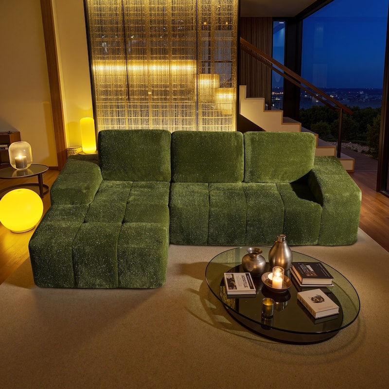 HOOOWOOO Modern Sparkly Velvet Fabric Chaise Sofa Couch - Green