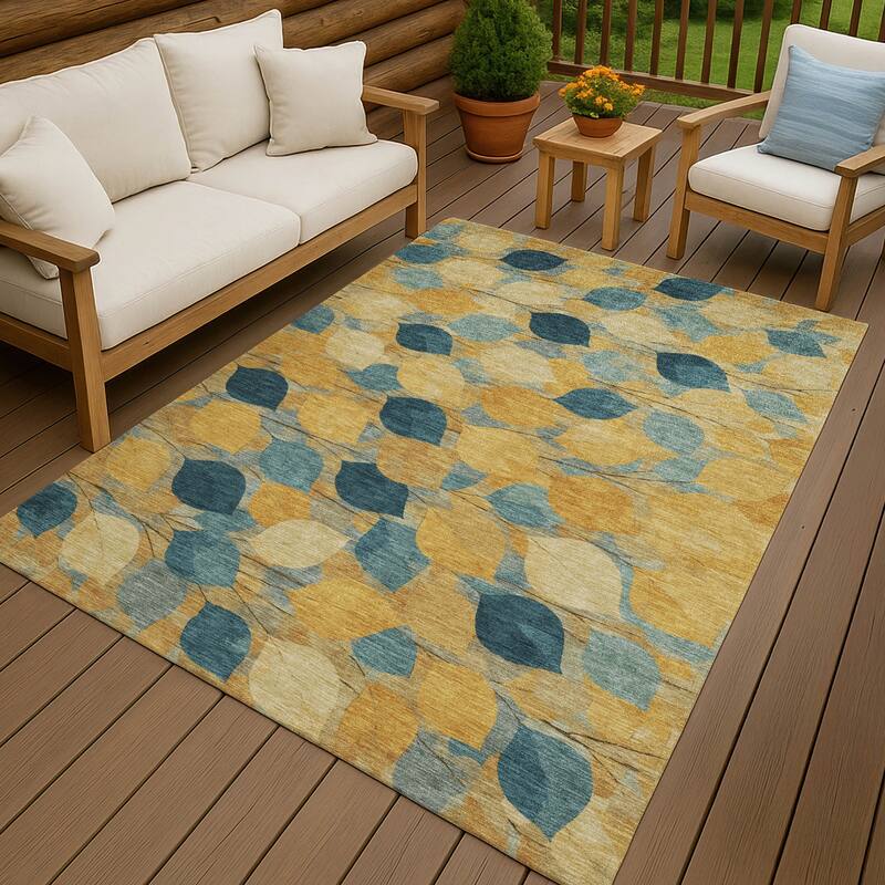 Machine Washable Indoor/ Outdoor Floral Mila Chantille Rug - Gold - 5' x 7'6"