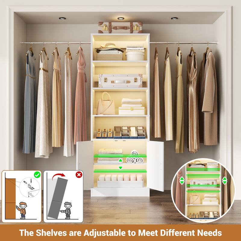 Rackcog 25'' - 104'' W Closet Organizer with Expandable Hanging Rods, Cabinet, Adjustable Shelves