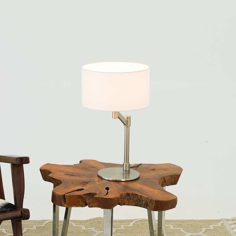 Caneo Brushed Nickel Table Lamp with White Fabric Drum Shade