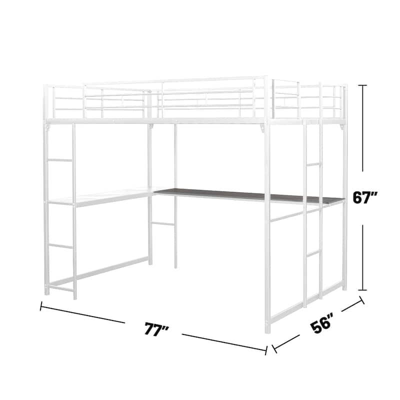 Metal Full Loft Bed with L-shaped Desk Workstation in White