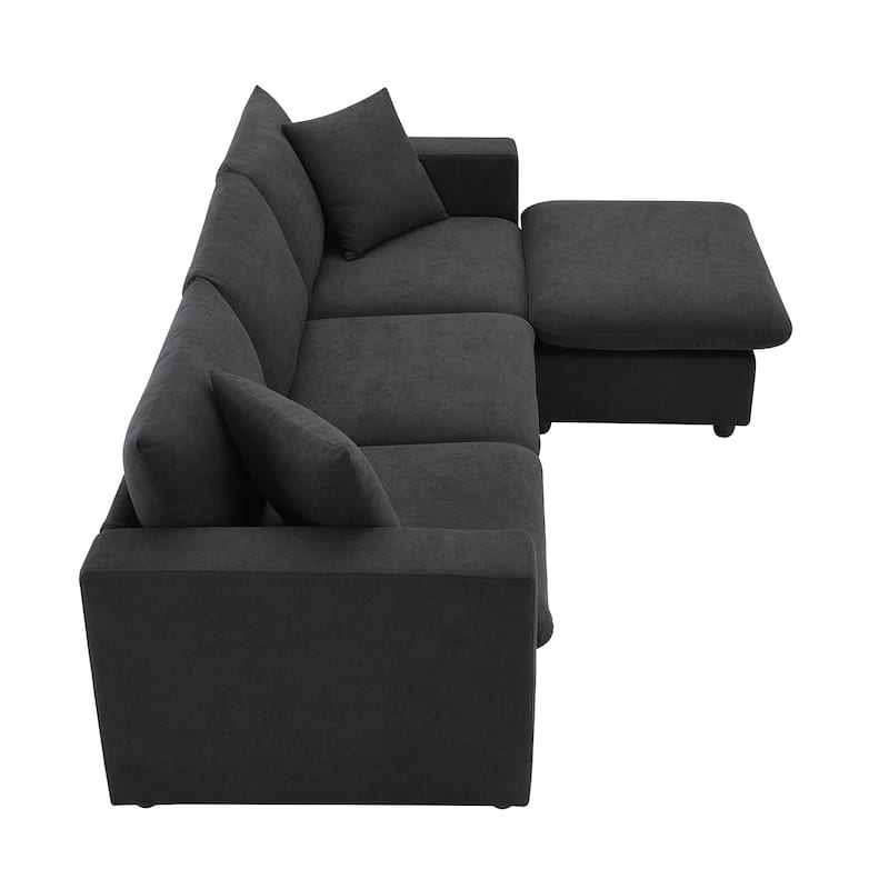 Black 100.4'' Polyester L-Shaped 4 Seater Sectional Sofa Couch with Convertible Ottoman and 2 Pillows, Modern Design