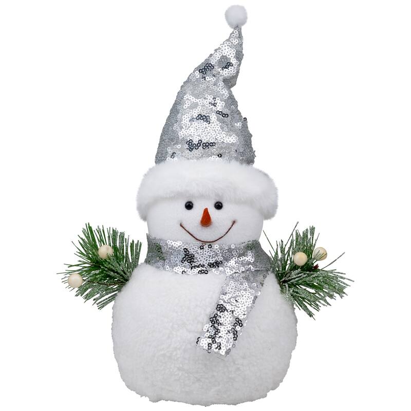 Frosted Sequined Christmas Snowman Figure - 12" - White and Silver