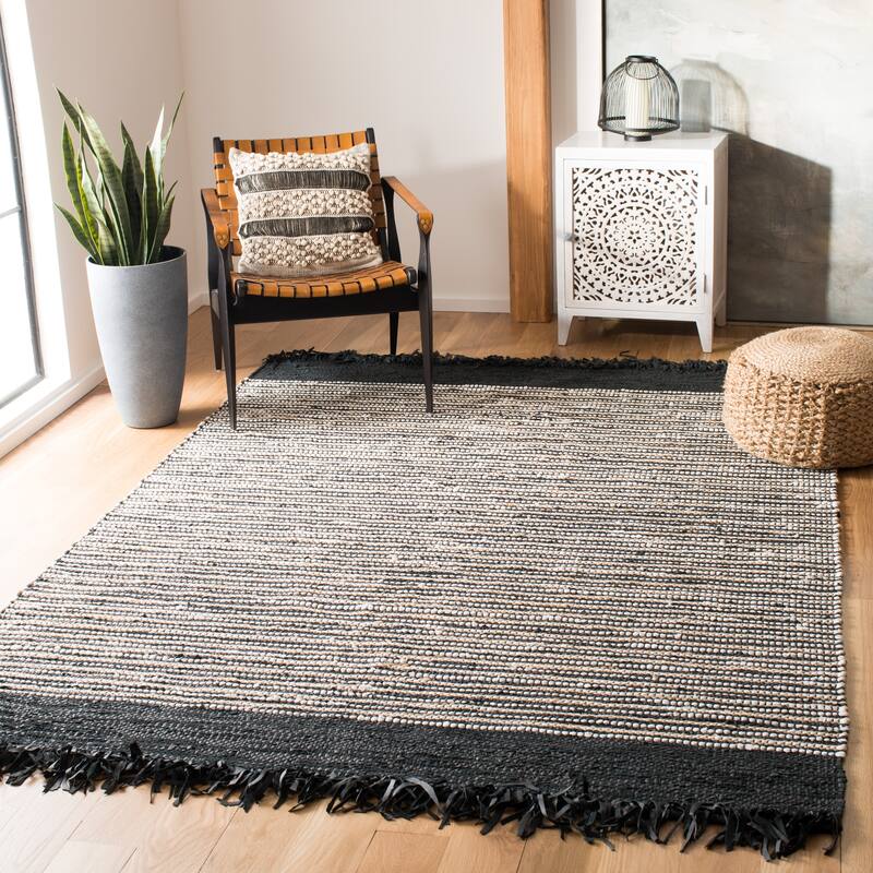 SAFAVIEH Handmade Vintage Boho Leather Zhanna Modern Stripe Leather Rug with Fringe - 6' x 9' - Black/Multi