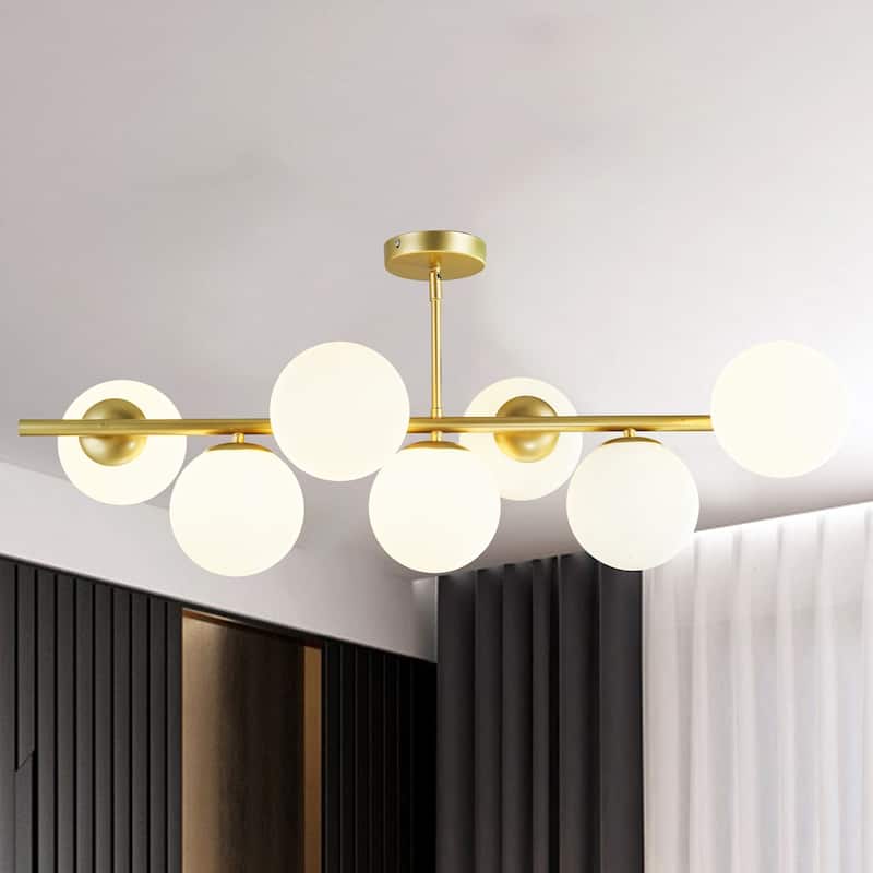 Colette Antique Brass 7-Light Linear Semi-Flush Mount with Globe Frosted Glass Shades