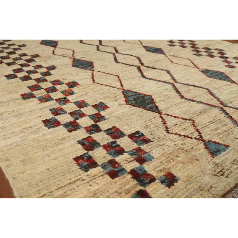 Geometric Moroccan Oriental Area Rug Hand-Knotted Beige Wool Carpet - 6'6" x 9'7" - 6'6" x 9'7" - Ivory/Beige
