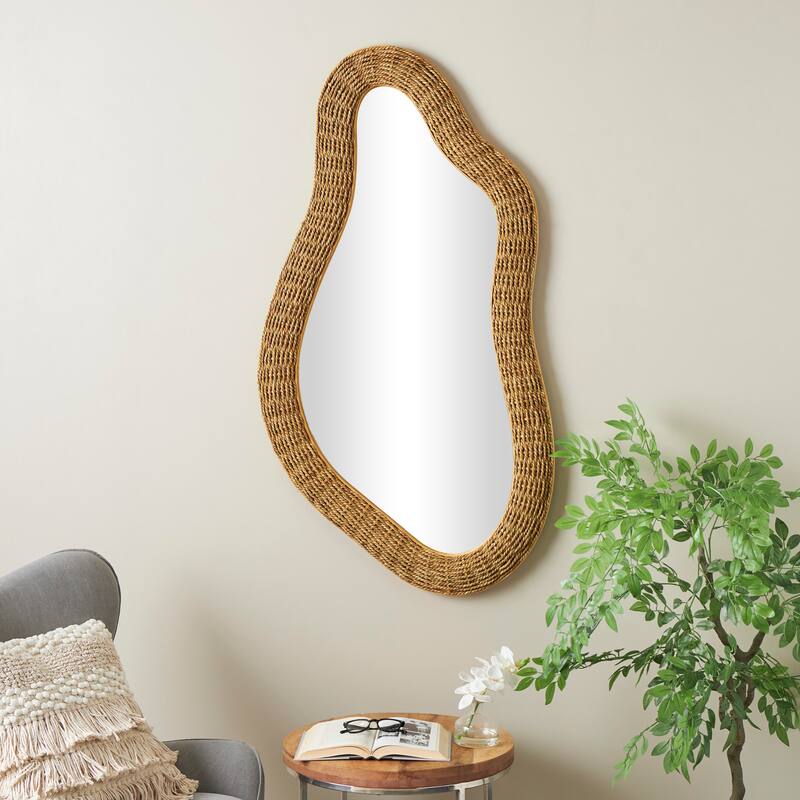 Brown Seagrass Handmade Woven Oval Abstract Room Wall Mirror - Brown