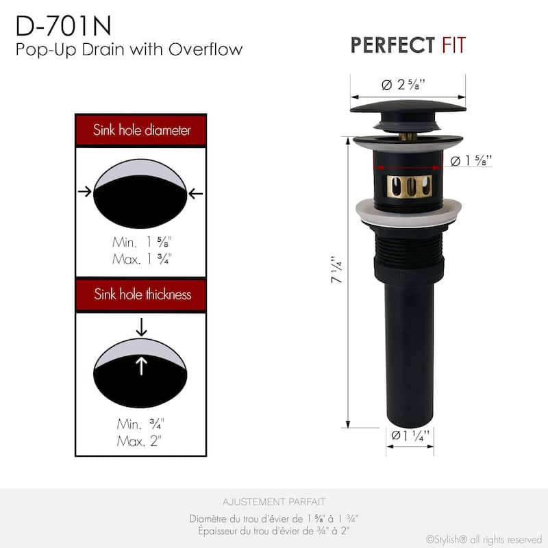 STYLISH Pop-Up Bathroom Sink Drain with Overflow D-701